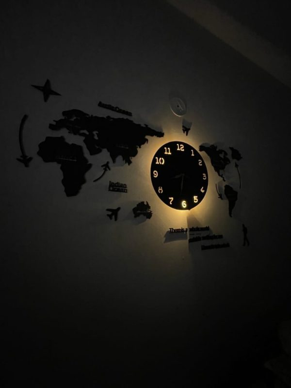 Large 3d Wooden World Map Wall Clock With Led Neon Light | 40×55″