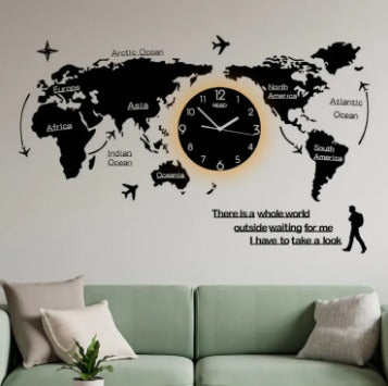 Large 3d Wooden World Map Wall Clock With Led Neon Light | 40×55″